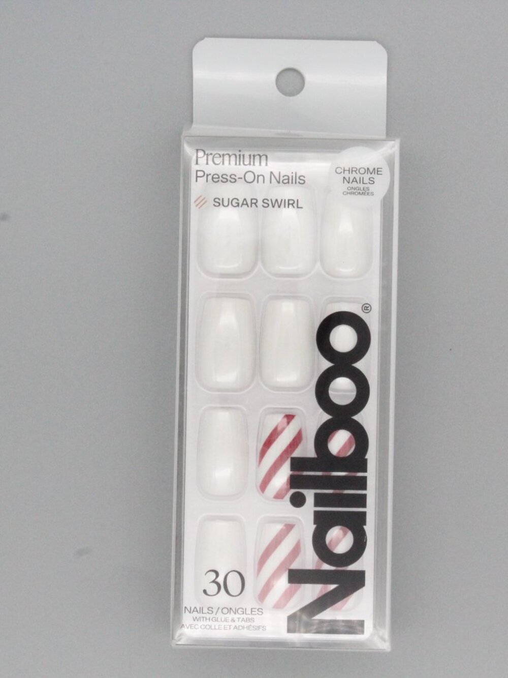 Nailboo Premium Press On Nails Sugar Swirl 30 Ct Chrome Candy Cane Holiday NEW